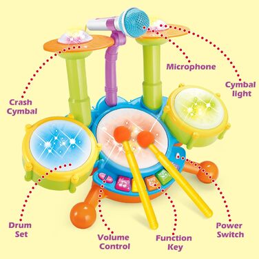 Настільний музичний набір для гри на барабанах для початківців з барабанними паличками, мікрофоном, світловими функціями, інтерактивною музикою та звуками для немовлят і дітей