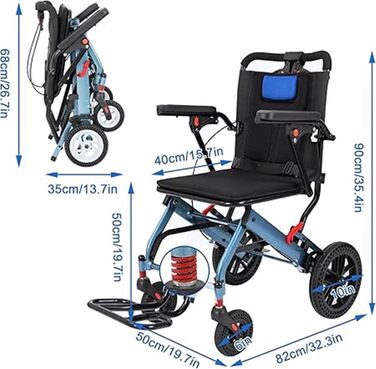 Надлегка транспортна інвалідна візка, Туристичні інвалідні візки, Складна інвалідна коляска з ручним гальмом для дому та подорожей Дуже вузькі інвалідні візки A
