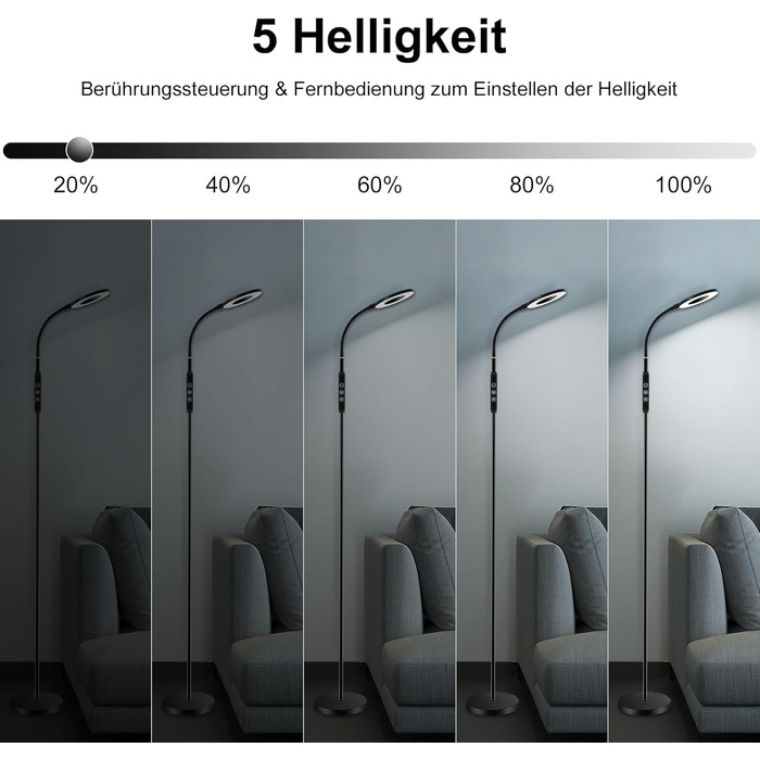 Світлодіодний торшер IEGLED з регулюванням яскравості, торшер для вітальні з пультом дистанційного керування, таймер на 1 годину та функція пам'яті, торшери чорні з гнучкою гусячою шиєю, лампа для читання 12 Вт для спальні, офіс 1800K-6000K