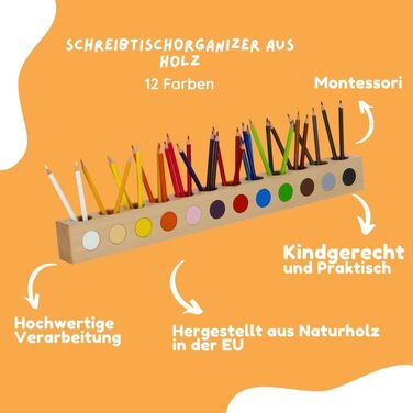 Настільний органайзер Обубу Монтессорі для дітей - Дерев'яний тримач для ручок - Органайзер для ручок - Дерев'яна коробка для ручок - Набір з 12 кольорових олівців 12 кольорових маркерів