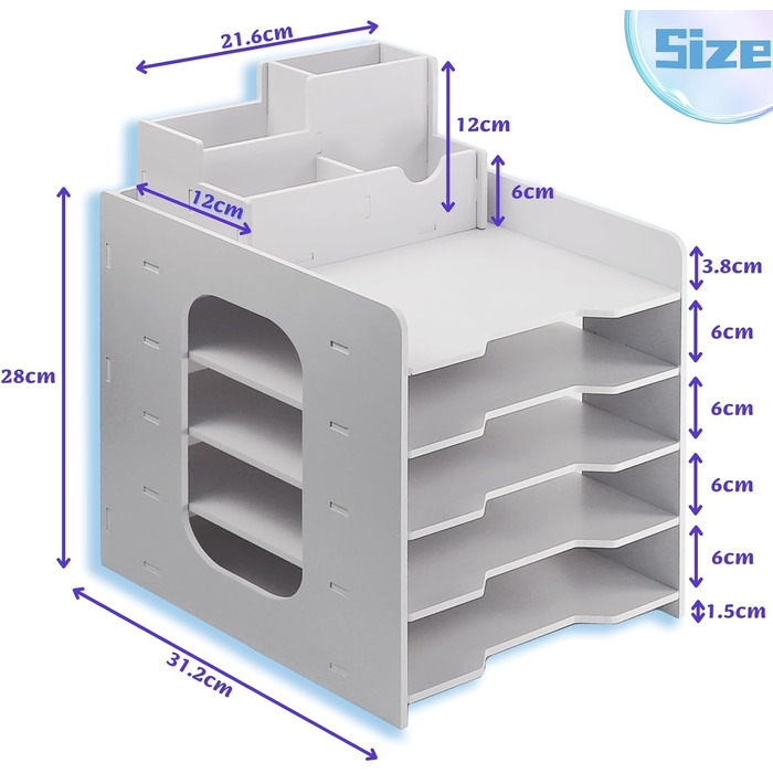 Дерев'яний лоток для листів для офісу, лоток для документів з тримачем для ручки, 5-рівневий настільний органайзер дерево, лоток для паперу білий, відсіки для зберігання, які можна штабелювати, ящик для листів, офісний органайзер для офісної школи 5 рівні