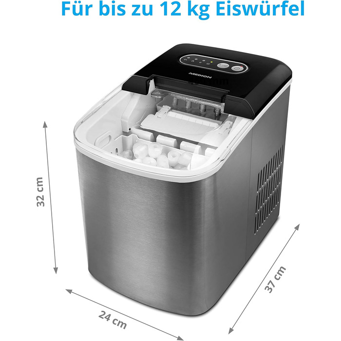 Машина для приготування кубиків льоду MEDION (льодогенератор, резервуар для води 2.2 літра, короткий час виготовлення 6-12 хвилин, 2 розміри кубиків льоду на вибір, самоочисний, нержавіюча сталь, MD17739) 12 кг кубики льоду
