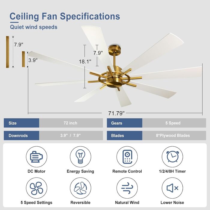 Сучасний стельовий вентилятор Depuley з пультом дистанційного керування, стельовий вентилятор тихий, стельовий вентилятор без світла, швидкість, жовто-бронзовий 8 лопатей, для спальні, кухні, вітальні, балкона (72'', без світло-білого та золотого)