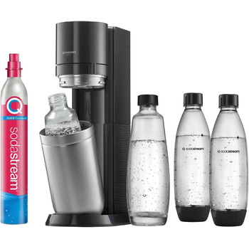 Виробник газованої води SodaStream DUO з циліндром CO2, скляною пляшкою 2 шт. 1 л і пластиковою пляшкою 2 шт. 1 л, яку можна мити в посудомийній машині, висота 44 см, колір титан, 29x25.6x44.4 Family Pack (4 пляшки та з балоном CO)