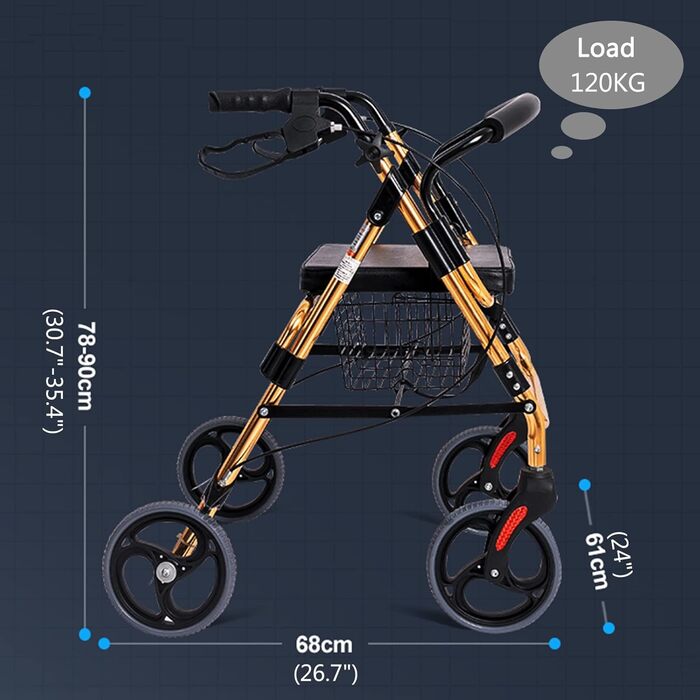 Високий для людей похилого віку та дорослих, регульовані по висоті розбірні ходунки з великими колесами, гальмівною ручкою, м'яким сидінням та підставкою для ніг, вантажопідйомність 100 кг, оздоблення