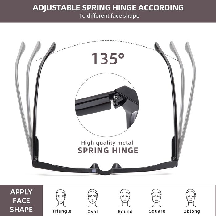 Квадратні окуляри для читання, комп'ютерний читач для жінок і чоловіків, що блокує синє світло, пружинні петлі 3 змішаного кольору 1.25 x, 3 Pack