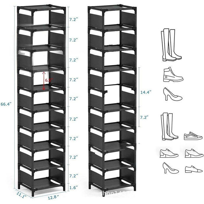 Висока полиця для взуття SunshineFace, 10 рівнів, полиця для взуття, вертикальна, вузька, металева рама, зберігання взуття, органайзер, складна полиця для взуття для шафи, передпокій, передпокій