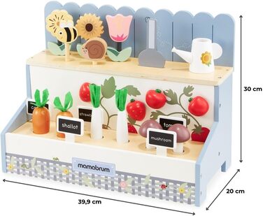 Дерев'яний город Mamabrum для дітей, рольова іграшка - маленький садівник, набір садівника квіти, равлик, бджілка, лопата, лійка, овочі, гриби, планшети