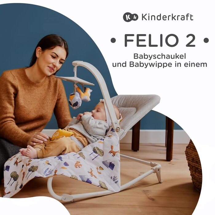 Дитячий шезлонг Kinderkraft FELIO2 електричний з народження, дитяча гойдалка з ігровою аркою немовля, 3 іграшки, москітна сітка, ковдра для обгортання в комплекті, автоматичні вібрації, компактне складання, Grijs