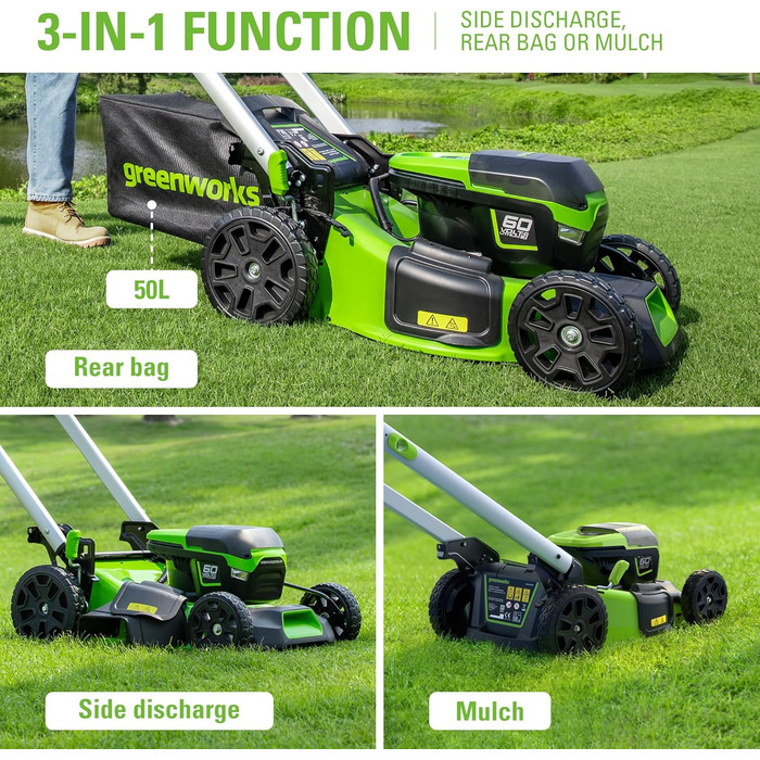 Безщіткова акумуляторна газонокосарка Greenworks Pro 60V 46 см, самохідна, висота зрізу 25-85 мм, складна ручка, вертикальне зберігання, з сумкою 55 л (з акумулятором 4 Ач та зарядним пристроєм)