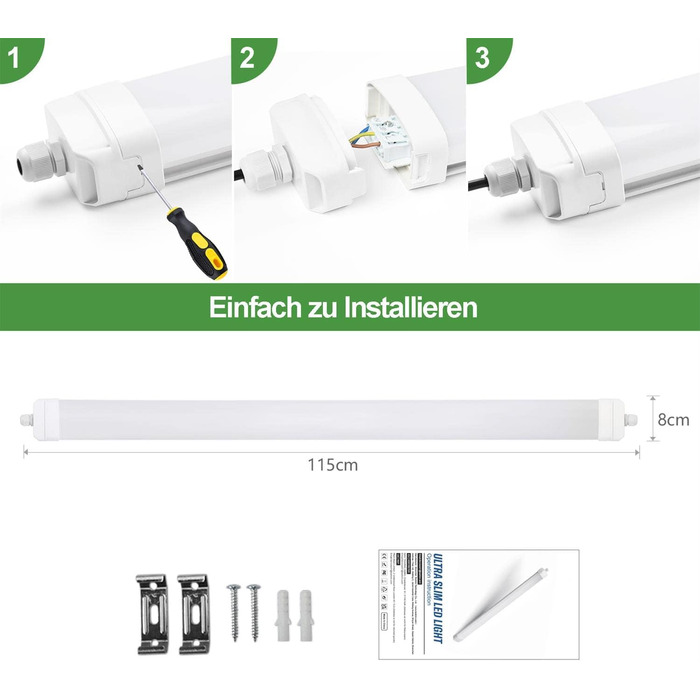Світлодіодна вологонепроникна лампа TONFFI 115 см, світлодіодна трубка 36 Вт 4100 лм, послідовне підключення, нейтральний білий, водонепроникна вологозахищена лампа IP65 Ванна лампа Стельовий світильник для підвалу, майстерні, гаража Кухня, ванна кімната,