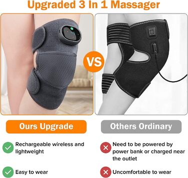 Масажер для колін Knee Warmer 3 В 1, колінний плечовий ліктьовий бандаж з 5 нагрівачами та 3 масажними, акумуляторний бандаж для колінного суглоба з підігрівом акумуляторного регульованого розміру для полегшення болю