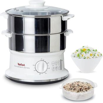 Відпарювач Tefal VC1451 2 контейнери з нержавіючої сталі Ємність 6 л Діаметр 24 см Таймер і автоматичне відключення 900 Вт Біла ЗРУЧНА СЕРІЯ