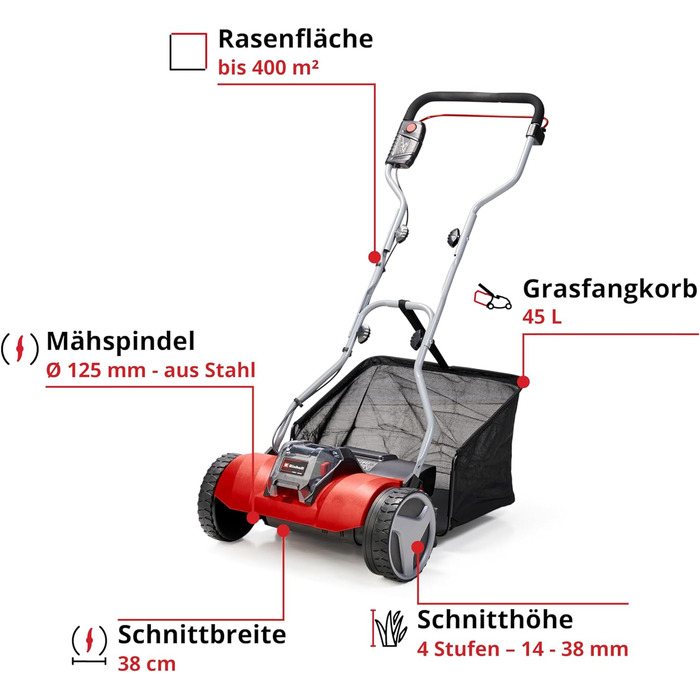 Акумуляторна газонокосарка Einhell GE-HM 18/38 Li - Solo Power X-Change (літій-іонний, 18 В, шпиндель косарки на шарикопідшипниках з 5 прецизійними сталевими лезами, без акумулятора та зарядного пристрою)