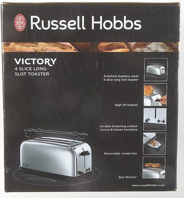 Тостер Russell Hobbs 2-слотовий довгий слот для 4 скибочок/2 широких скибочок хліба Victory Stainless Steel (надзвичайно широкі отвори для тостів, насадка для булочки, 6 рівнів підрум'янювання функція розморожування та розігріву) 23520-56