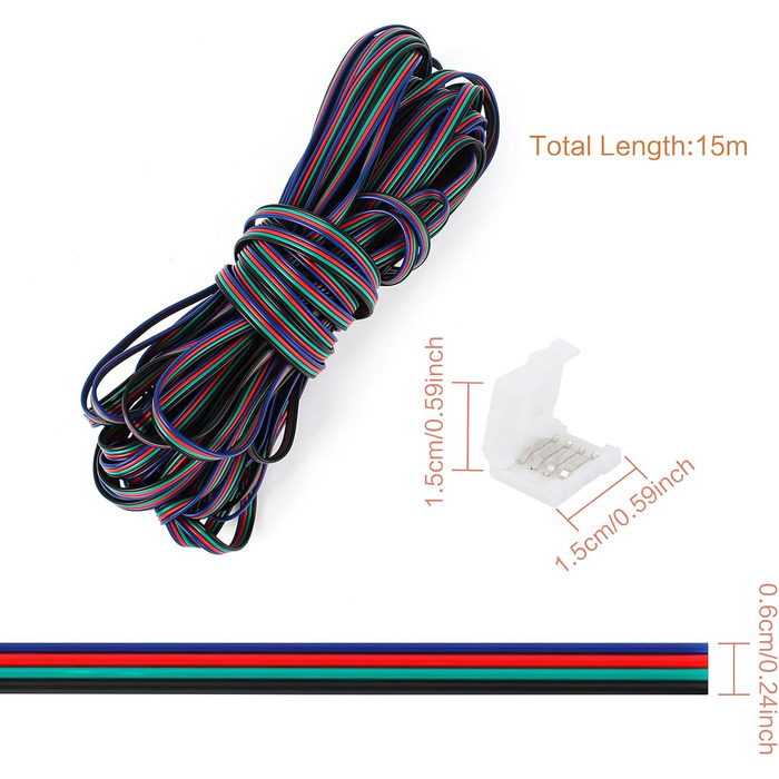 Роз'єм для світлодіодної стрічки 4-контактний світлодіодний подовжувач 15 м кабелю Світлодіодна RGB стрічка З'єднувальний кабель З'єднувач світлодіодної стрічки зі світлодіодним швидким з'єднувачем Комплект для світлодіодних стрічок