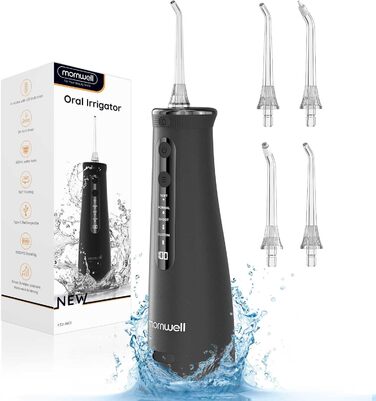 Іригатор для порожнини рота Акумуляторний Mornwell Water Flosser для зубів, 4 режими чищення 4 насадки Резервуар для води 260 мл Портативний іригатор для порожнини рота Interdental Cleaner для чищення BlackF32