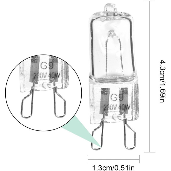 Лампа галогенна Mineatig G9, лампа для духовки, 40Вт для побутової техніки 350 люмен, для духовки/мікрохвильової печі, тепла біла лампа до 500 C, 220-240 В, (2 шт.)