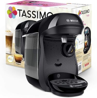 Капсульна машина Bosch Tassimo Happy TAS1002 кавоварка by, 70 напоїв, повністю автоматична, підходить для всіх чашок, компактна, 1400 Вт, чорний/антрацит