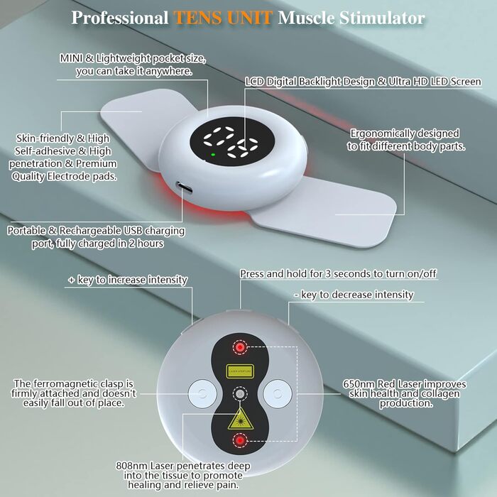 Пристрій KTS TENS бездротовий, тренувальний пристрій EMS & TENS електрод та інфрачервоний холодний лазер 3-в-1 пристрій для стимуляції м'язів сприяє кровообігу / знімає біль, пристрій струму для стимуляції USB підходить для всіх частин тіла TENS і червоне