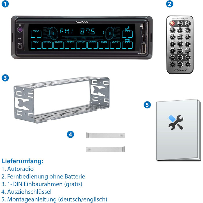 Автомобільна стереосистема XOMAX XM-RT284 із сенсорним екраном I Bluetooth Handsfree I USB, SD, AUX-IN, FM I MP3 I 1 DIN