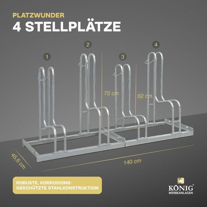 Високоякісна стійка для велосипеда parker 4054 Безпечна, надійна стійка для велосипеда гірський велосипед та електровелосипед односторонній, 4 велосипеди Оцинкована сталь, стійка до атмосферних впливів Компактне високе та низьке положення