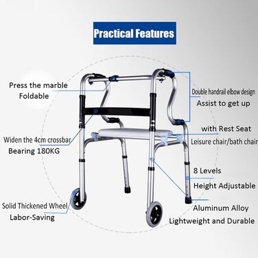 Складна алюмінієва рама для ходьби, 2 колеса в стандартній комплектації з відкидним сидінням, допоміжний засіб для ходьби, тренажер для нижніх кінцівок, крісло для купання для літніх людей, повне зірок