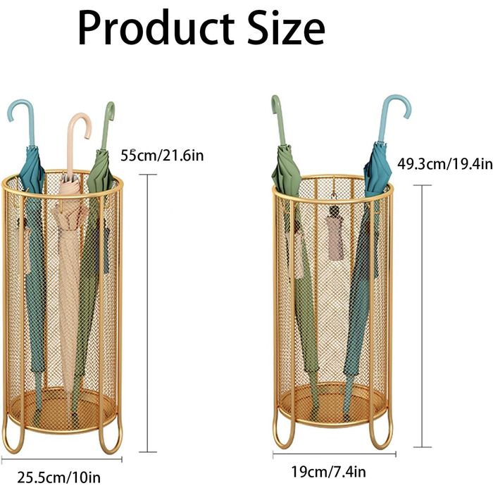 Зберігання для парасольки Окремо стояча, Підставка для парасольки Modern з гачком Піддон для крапель води, Підставка для парасольки Дизайн вирізу, для передпокою, Золотистий 19x49.3см