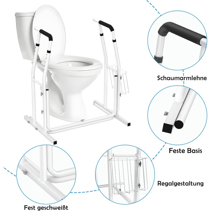 Мобільні туалети AUFUN з кошиком для зберігання - Нековзна опорна рама для унітазу з регулюванням висоти - Штанга для унітазу 790 x 550 x 680-780 мм, біла