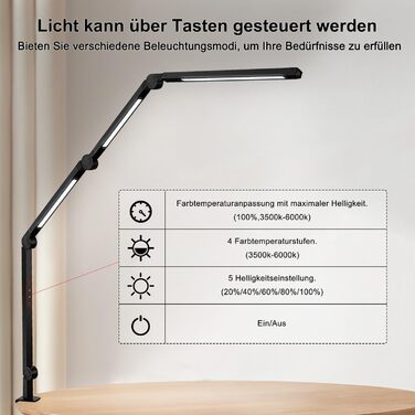 Світлодіодна настільна лампа затискна, настільна лампа 4 секції Поворотний кронштейн Денна лампа Стіл, сенсорне керування Рівні яскравості 5 Яскравість 4 колірні режими, Функція пам'яті Настільна лампа 4 секції Поворотний кронштейн Три джерела світла Світ