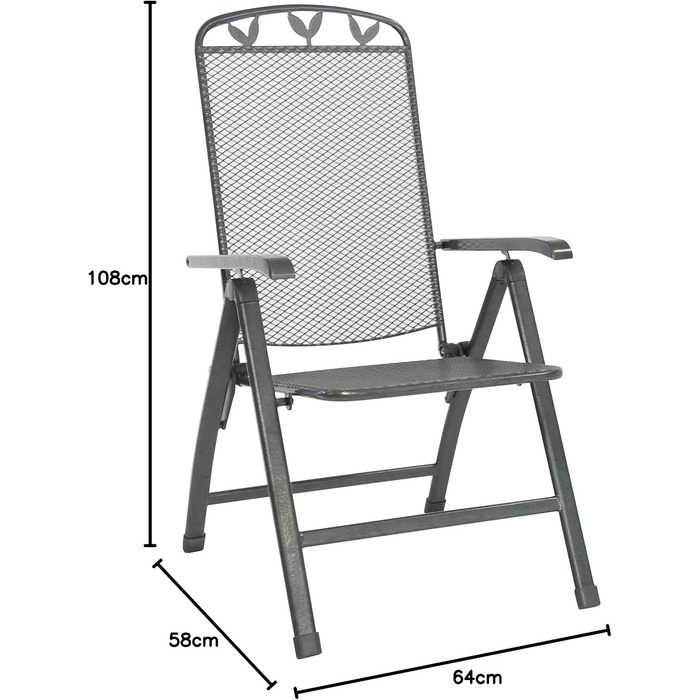 Розкладне крісло greemotion Тулуза залізний сірий, стілець зі сталі з пластиковим покриттям, садовий стілець з 5-позиційною регульованою спинкою, стійкий до погодних умов і легко чиститься, приблизно 58 x 64 x 108 см Складаний стілець сірий