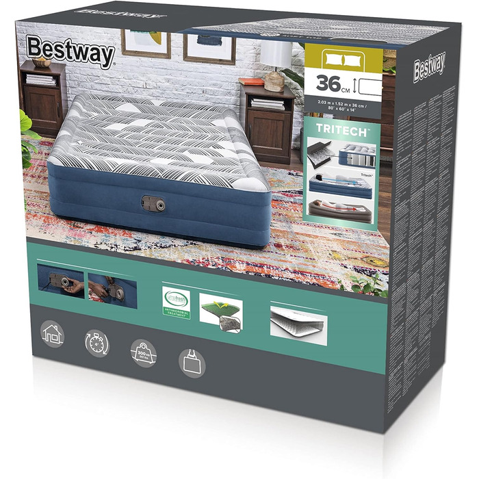 Модний флок Bestway TriTech Надувне ліжко з вбудованим електричним насосом Double XL/Lo 203 x 152 x 36 см