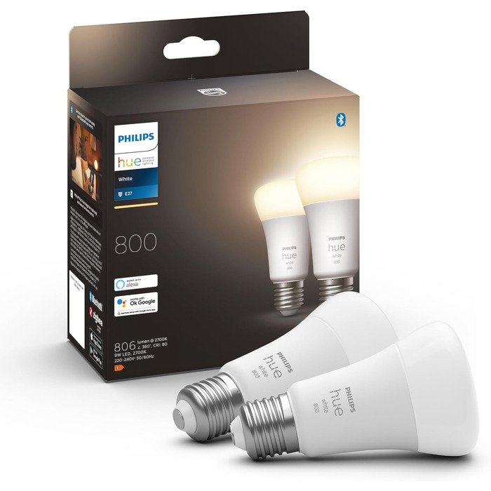 Світлодіодна лампа Philips Hue White E27 (806 лм), світлодіодна лампа з регулюванням яскравості для системи освітлення Hue з теплим білим світлом, інтелектуальне керування освітленням за допомогою голосу та програми (800 люменів, 2 упаковки)