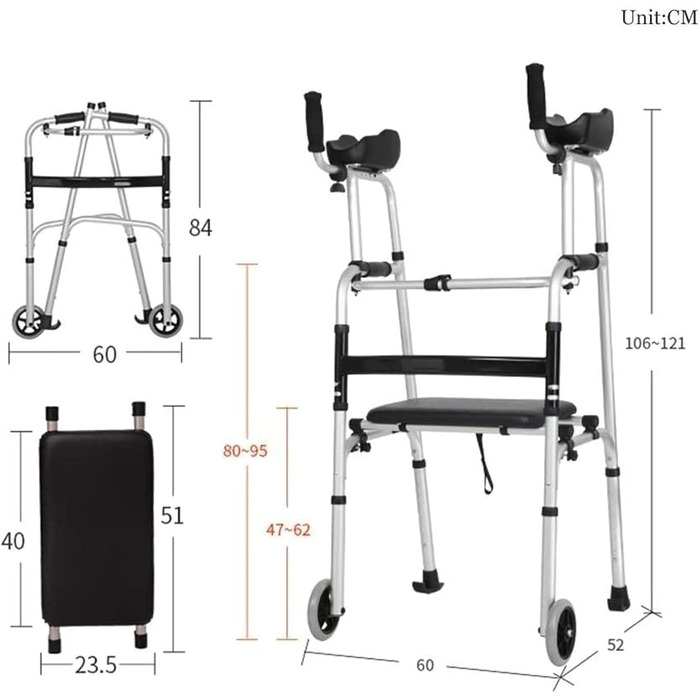 Допоміжний засіб для ходьби Rollator Walker зі складним сидінням, ролик у стилі євро, допоміжний засіб для ходьби на 2 колеса для людей похилого віку Міцна сталева рамна опора Туга за