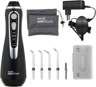 Акумуляторний іригатор для порожнини рота Waterpik Cordless Advanced Waterflosser з 4 насадками, діапазон тиску від 3.1 до 5.2 регулюється за допомогою 3 налаштувань тиску, з індукційною системою зарядки, чорний (WP-562EU), 1 упаковка