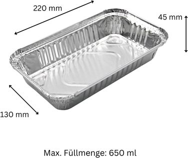 Алюмінієвий лоток R65-650L в упаковці - 100 шт. алюмінієвих лотків для гриля 20x10,5x5 см - термоконтейнер 650 мл - піддон для збору жиру як аксесуар для гриля, контейнер для їжі, невелика форма для запікання - вогнетривкий алюмінієвий лоток для гриля.