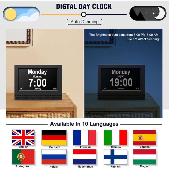 Будильник з цифровим календарем SENXINGYAN, будильник з великим екраном HD на великому екрані, кілька режимів годинника для людей похилого віку з датою та днем тижня, автоматичне затемнення для людей похилого віку, дорослих і пацієнтів з хворобою Альцгейм