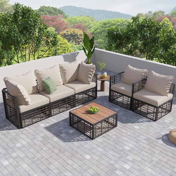 Набір садових меблів Merax з подушками Poly Rattan Lounge Balcony Set Група сидінь з 5 одномісними диванами (1 з підлокітниками, 2 кутових, 2 без підлокітників) і 1 журнальним столиком 196x66x70см Бежевийсірий