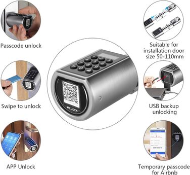 Електронний дверний замок Циліндровий замок Пароль RFID-карта та Bluetooth з додатковим пультом дистанційного керування WIFI, включаючи водонепроникний силіконовий чохол для дверей 50-100 мм, 01