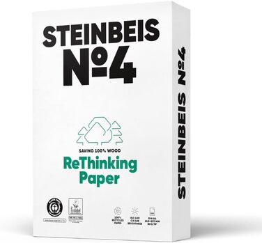 Папір для принтера Steinbeis No. 4 перероблений папір формату DIN A4 80 г/м, білий і без хлору, 2500 (5 x 500) аркушів високоякісного копіювального паперу ISO 100 / CIE 135