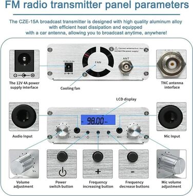 Передавач для автомобіля, 15 Вт, FM-радіостанція для церкви, FM-радіостанція дальнього радіусу дії, стерео міні-радіостанція з 3.5-мм мікрофонним аудіороз'ємом для автокінотеатру, освітлення церковної парковки