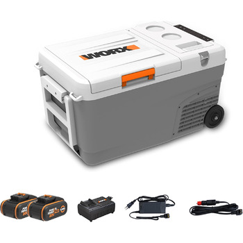 Мобільний кулер WORX 18V (20V MAX) WX876, PowerShare 20V, 220-240V AC, 12V/24V DC, 23L, -20-20, висувна ручка та колесо, ідеально підходить для будівельного майданчика, кемпінгу та автомобільних подорожей, акумулятори 4Ah та зарядний пристрій 4A