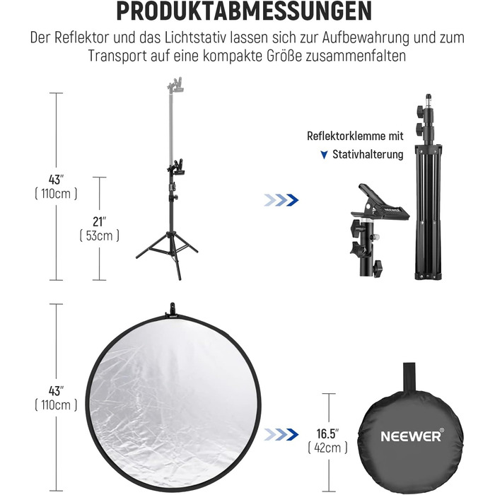Комплект світловідбивача NEEWER 43'/110 см, розбірний круглий рефлектор 5 в 1 (напівпрозорий/сріблястий/золотий/білий/чорний), металева кліпса та короткий штатив 21'-43'/53-110 см для низькокутної дитячої студійної фотографії