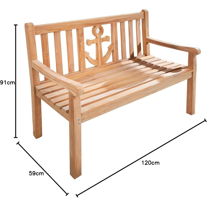 Садова лавка Riess Ambiente з масиву EMPIRE TEAK 120см Тик з дизайном якоря Лавка Садова тераса Тикова дерев'яна лавка з якорем