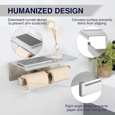 Подвійний тримач для туалетних рулонів Alise для ванної кімнати, тримач для туалетних рулонів з поличкою, двома самоклейками та свердлом для стіни, нержавіюча сталь GYT5002-LS SUS304, шліфований нікель