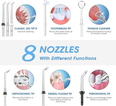 Електричний іригатор порожнини рота - TUREWELL Міжзубний очищувач з 10 рівнями тиску та 8 насадками, водонепроникний іригатор для порожнини рота IPX7, водна нитка 600 мл для дому (чорний)