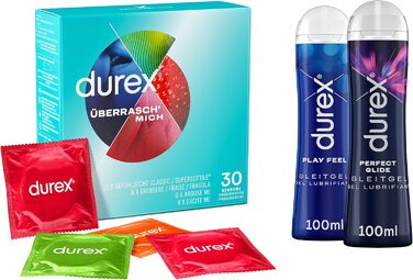 Набір Durex Surprise Me з презервативами Surprise Me - Оптова упаковка 30 шт. (1 x 30 шт. ) і пробний пакет гелевого мастила Play для нього та неї Perfect Glide & Feel (2 x 100 мл)