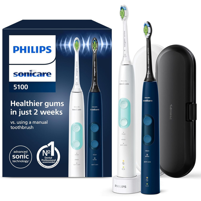 Електрична зубна щітка Philips Sonicare ProtectiveClean 5100, звукова зубна щітка з 3 режимами чищення, Clean and White, датчик тиску, таймер і дорожній футляр, білий і синій, 2 шт., модель HX6851/34