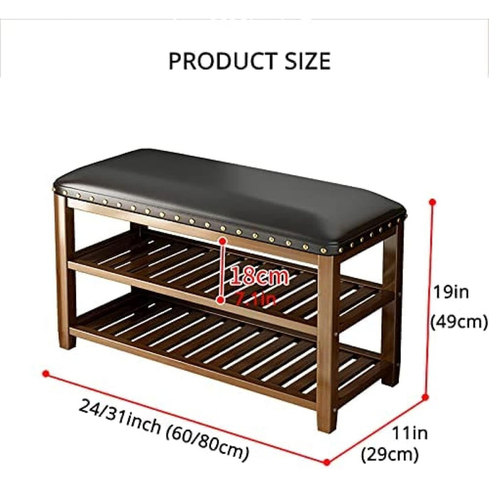 Бамбукова полиця для взуття Kunyun, сільська вхідна лава, лавка для зберігання взуття зі шкіряними сидіннями, 2-рівнева лавка для взуття, органайзер для взуття, коричневий, 80x29x49см коричневий 80x29x49 см (3119 дюймів)