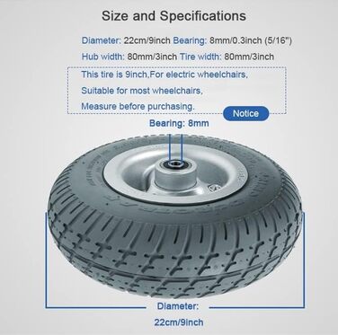 Дюймова заміна переднього колеса для інвалідних візків, аксесуари для передніх коліс для електричних інвалідних візків, суцільна шина без повітря (9 дюймів/22 см), 9-
